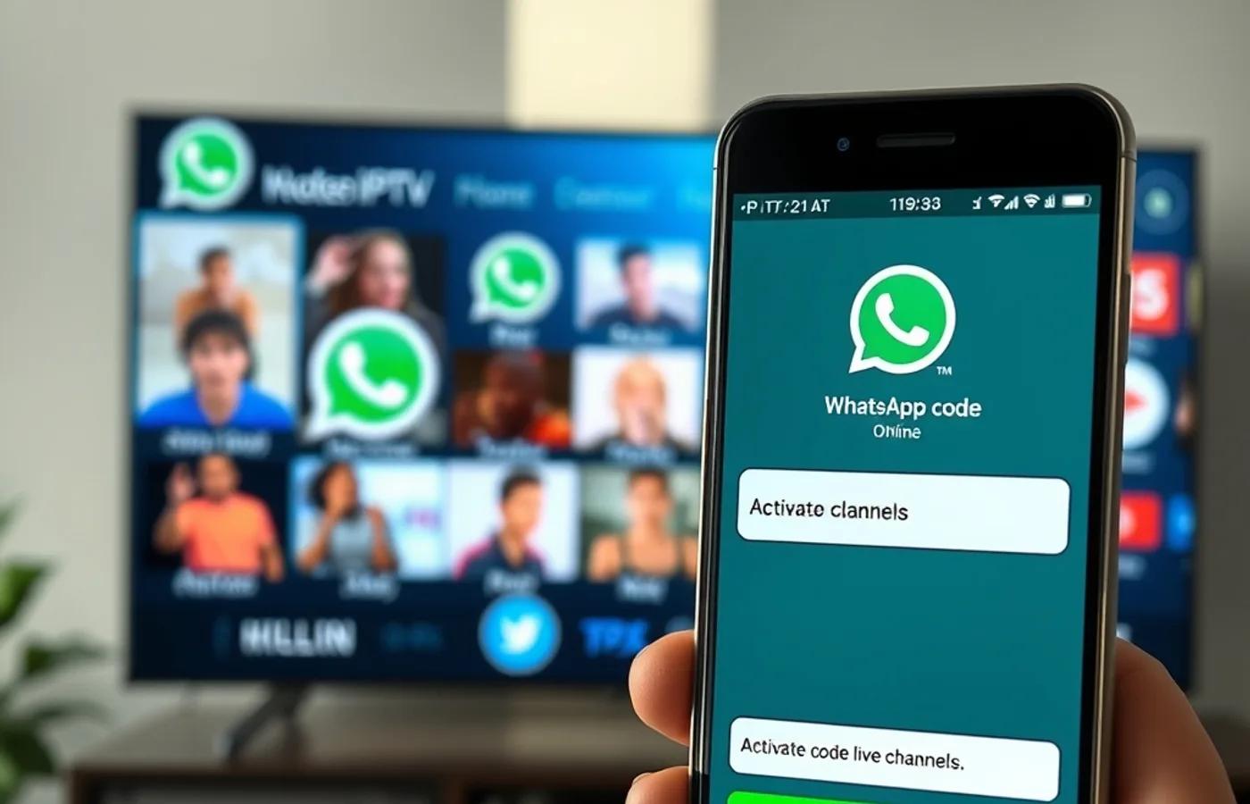 Buy IPTV code online: a WhatsApp chat on a phone delivering an activation code next to a TV streaming live channels